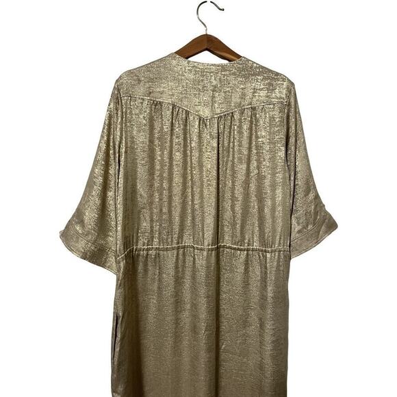 St. John Metallic Champagne V Neck Gown Size L Side Slit Luxe Maxi Dress - FLAWS - Picture 3 of 12